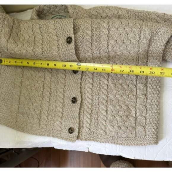 ARAN CRAFTS Ireland Wool Cable Knit Cardigan Sweater Knit Cozy Warm Tan Button L - Picture 15 of 16